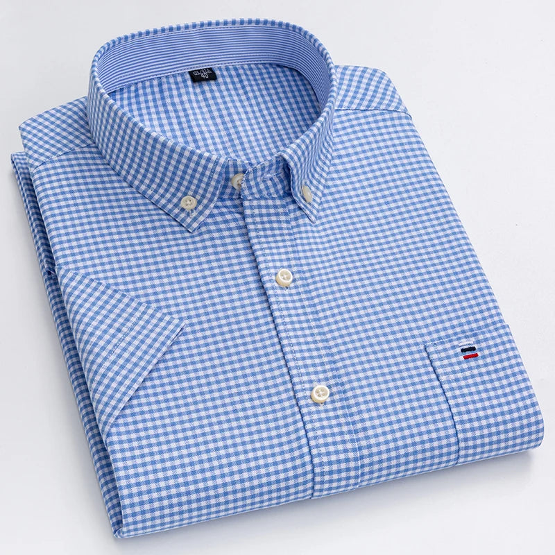 Men's Pure Cotton Oxford Short Sleeve Summer Casual Shirts Comfortable Standard-fit Button-down Plaid Solid Color Cotton Shirt