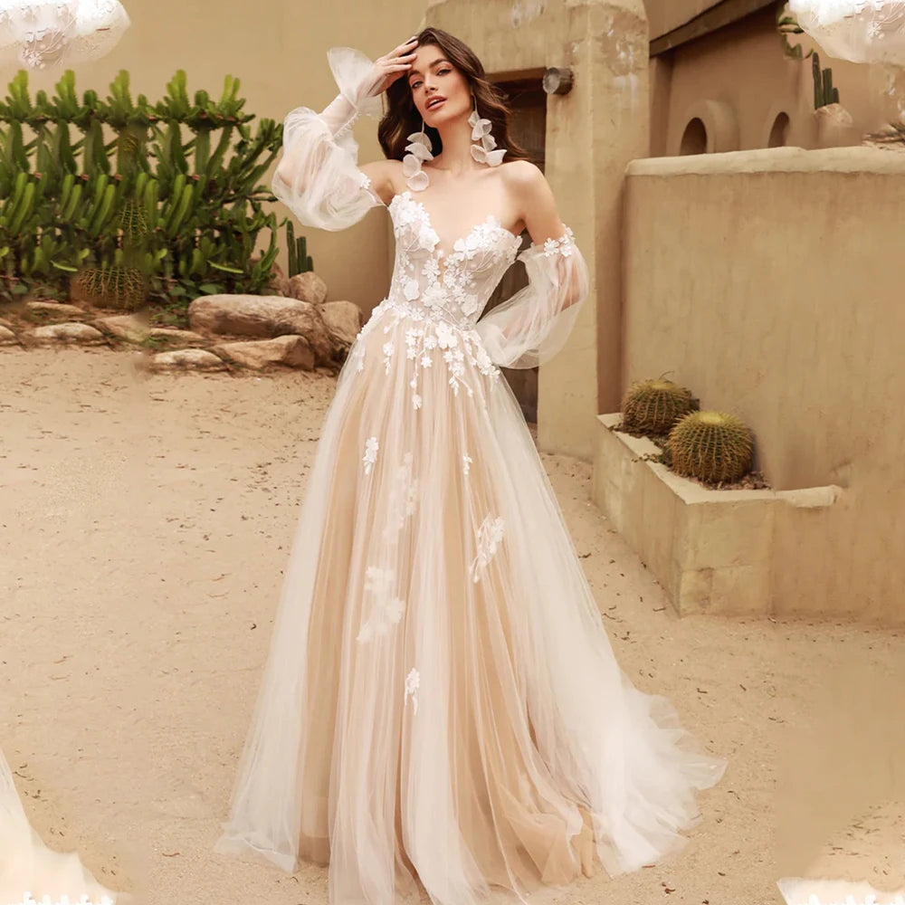 Light Champange Detachable Long Puff Sleeves V-neck Lace Applique Boho Beach A Line Wedding Dresses Custom Made 2025 Vestido De