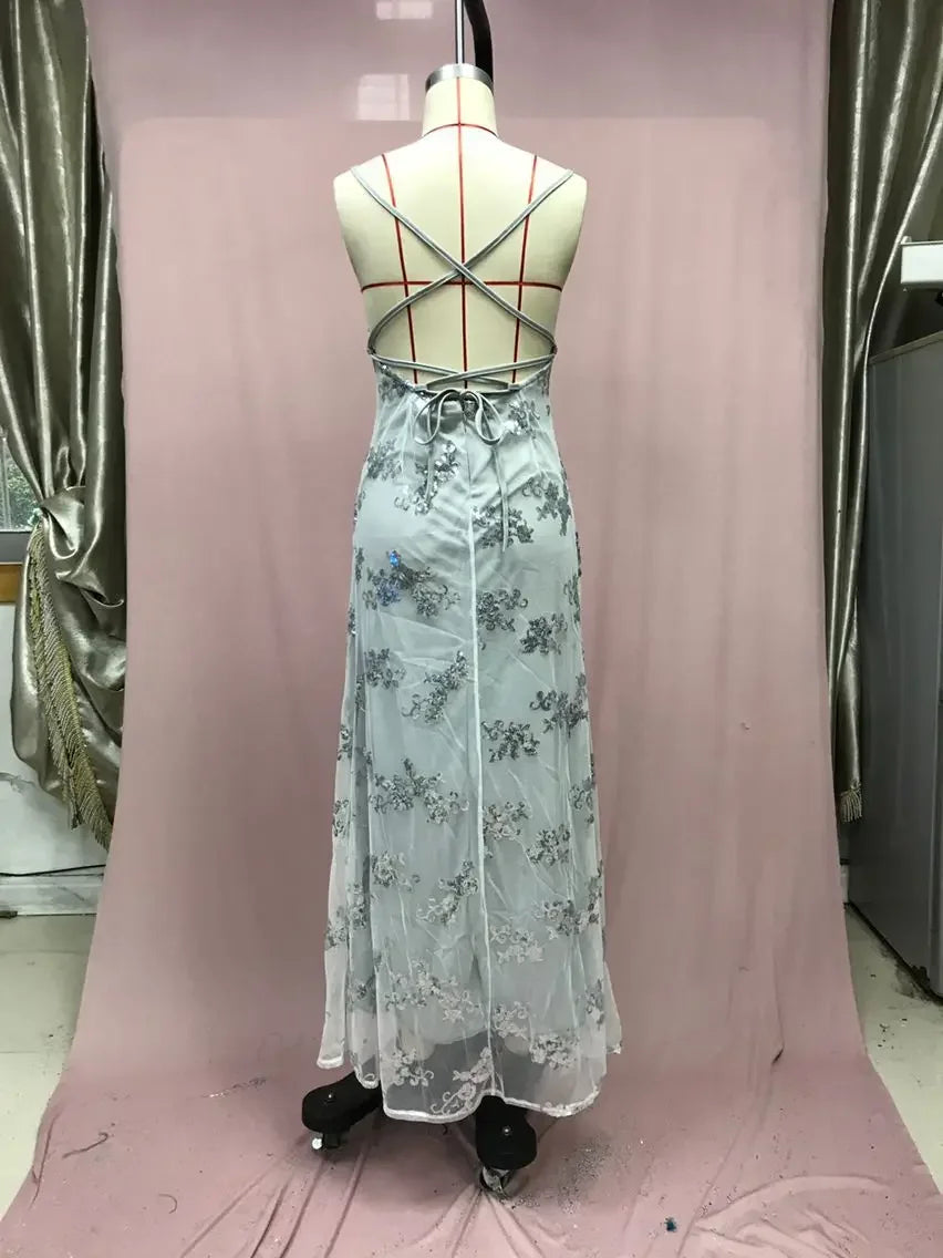 Vestido Longo de Festa com Lantejoulas e Costas Abertas – Decote V Elegante