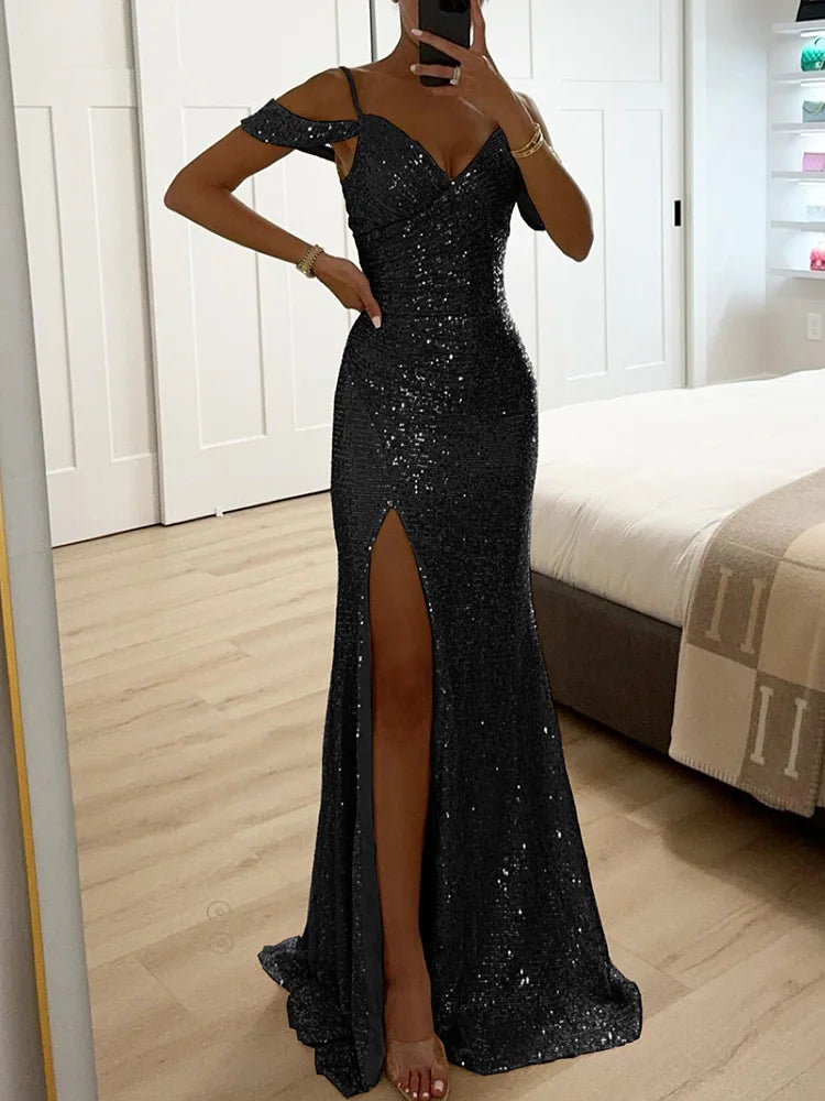 Summer Women Spaghetti Strap Solid Party Dress, 2024 V Neck Sequins Patchwork Maxi Dress, New Sexy Sleeveless Split Ladies Dress