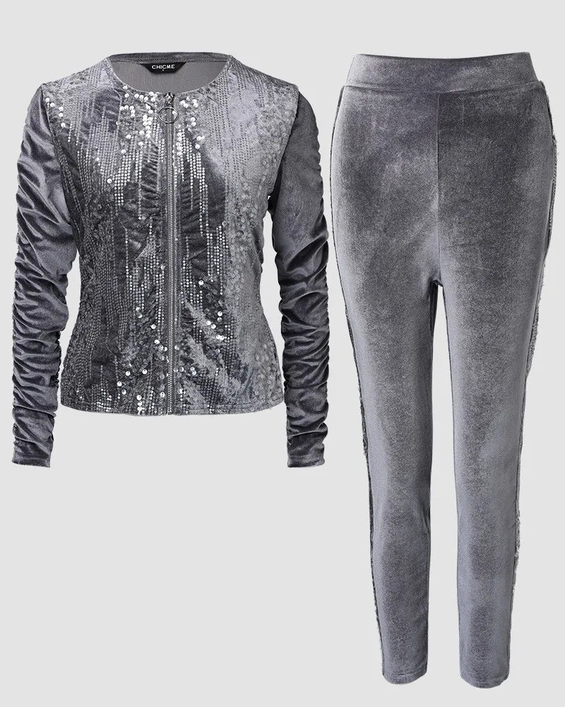 Autumn Winter Velvet Sets for Women 2 Pieces Suits Female Clothing Casual Contrast Sequin Zipper Design Coat & Pants Set Tracksu
