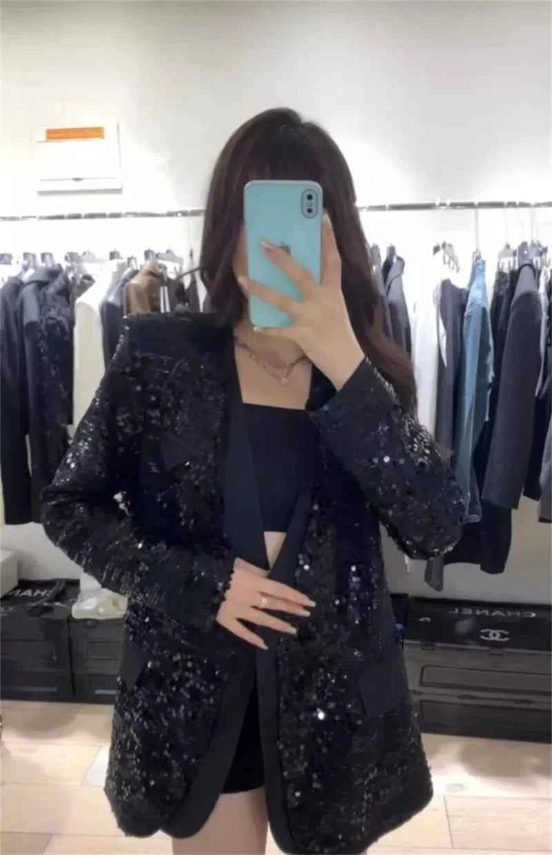European Brand V-neck Temperament Socialite Sequin Jacket For Women, Mid To Long Style, Stylish Thin Style, Sparkling Top XQ145
