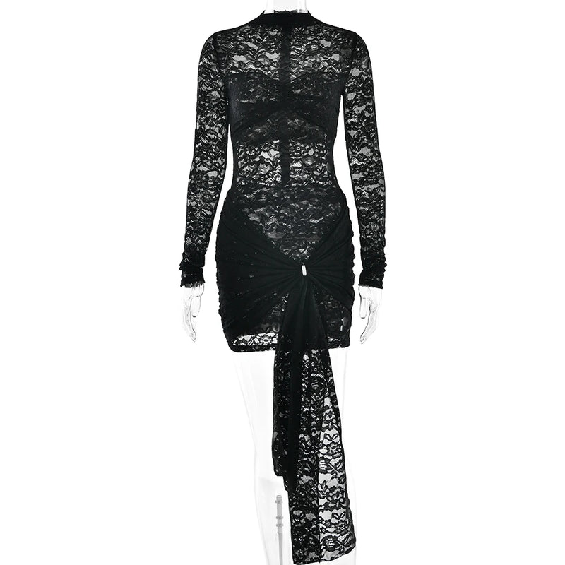 Fantoye Sexy See Through Lace Bandage Women Dress Black Long Sleeve Print Floral Dress Female Winter Slim Elegant Party Dresses
