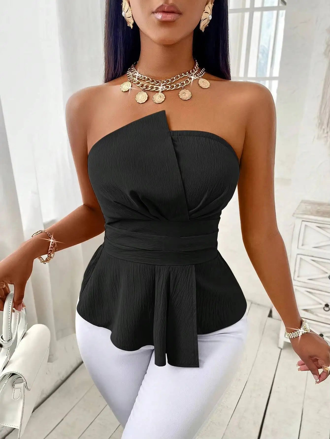 Womens Fashion Black Top Strapless Off Shoulder Tube Top Summer Fashion Top Elegant And Versatile Casual Party Must Have Item