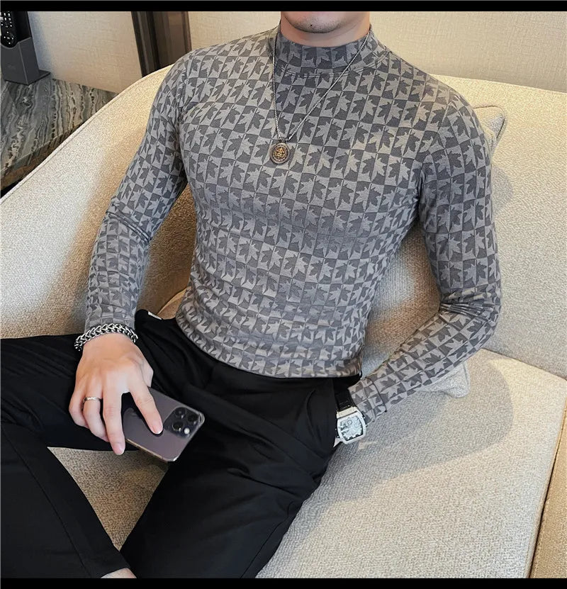 Camiseta elástica estampada de gola alta semi alta para homens, roupas de outono, nova, mangas compridas, jacquard, justa, cor sólida, camiseta slim fit