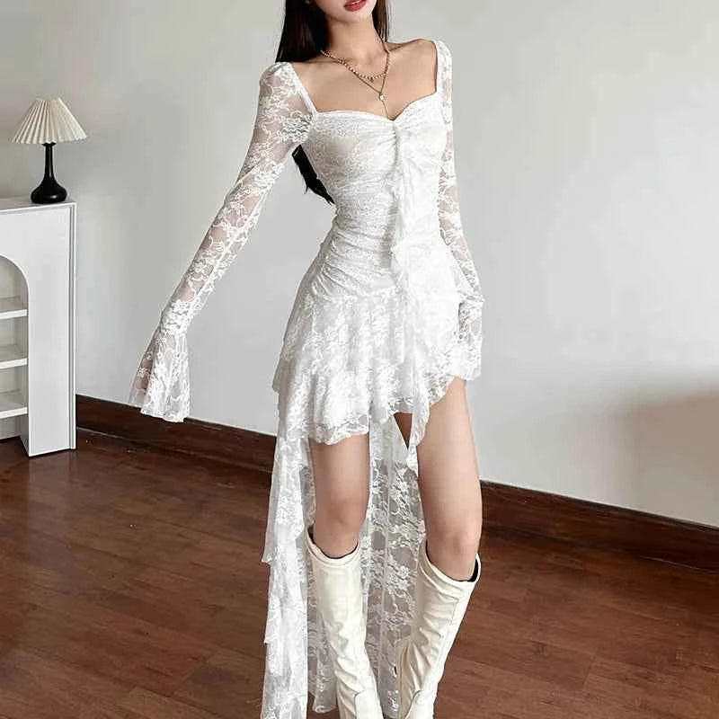 Goth Dark Fairycore Lace Flare Sleeve Square Neck A-line Dress Sweet E-girl Irregular Long Hem Dresses Cyber Y2K Party Vestido