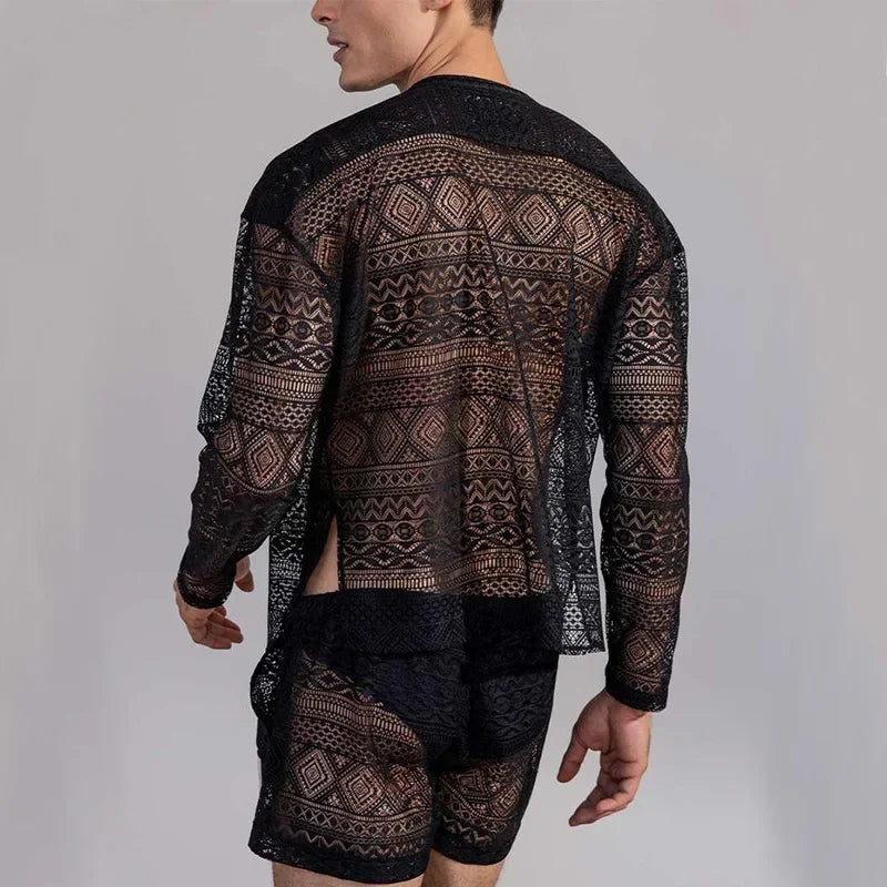 Conjuntos masculinos de manga comprida, camisa com recorte de renda, shorts casuais, terno masculino de duas peças