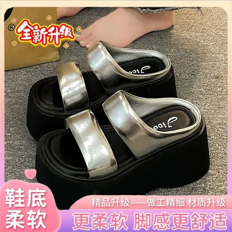 Platform Slippers Women Summer Wear Fashion 2025 New Style Increase Sandals Casual Everything Muffin Flip-flops Beach Shoes