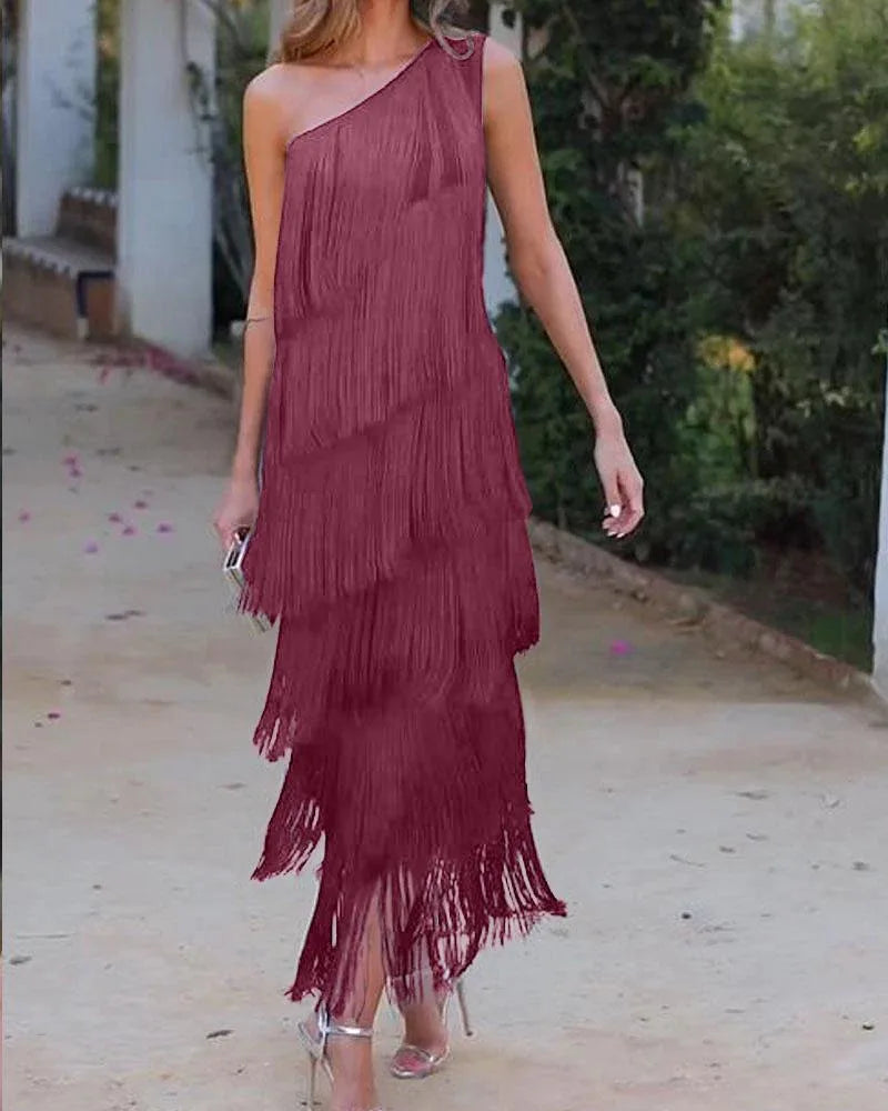 Elegant Asymmetric Slim Evening Dress Fashion Tassel Club Party Dress 2024 Lady Sexy Diagonal Collar Sleeveless Tank Long Dress
