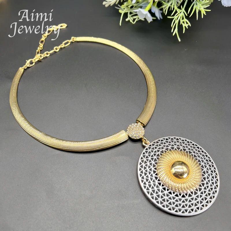 Large Round Pendant 18K Gold Plated Jewelry Set for Women Necklace Earrings Bracelet Ring African Bridal Wedding Party Gifts - CRAVO ROSE