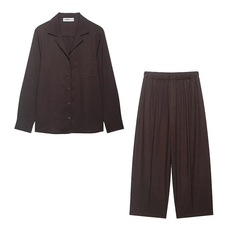 Women's Mid Waist Pants Set Spring 2 Piece Set Lapel Collar Shirt Pocket Elastic Waist Barrel Trousers Two Piece Female Outfits