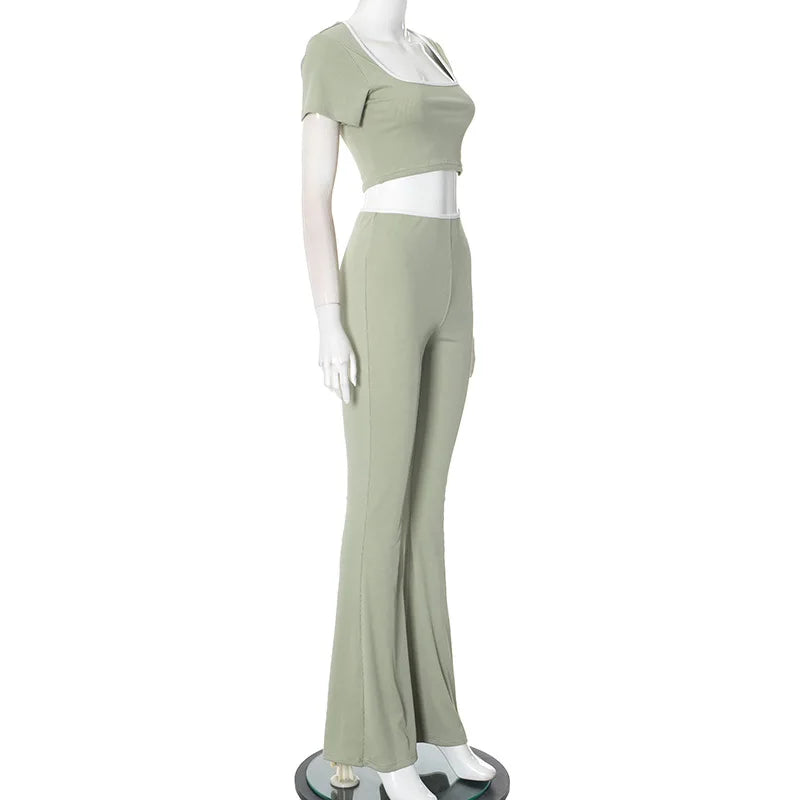 Women's Sexy Slim Set Fashion Short Sleeve Square Collar T Shirt Tops+High Waist Long Pants 2 Piece Sets For Female Streetwear