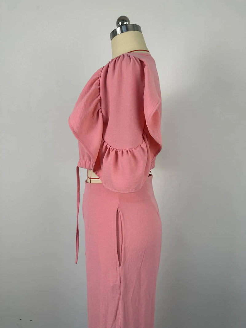 Sets for Women 2 Pieces 2025 Spring Fashion V-neck Flared Sleeve Lace Up Crop Top & Casual Pocket Design Wide Leg Pants Set