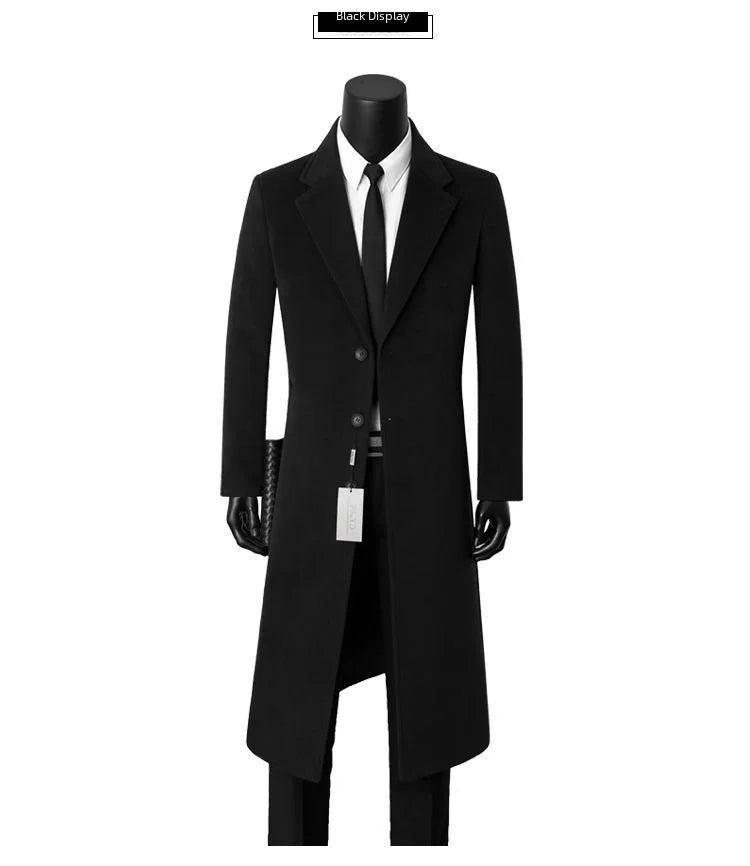 Sobretudo de lã masculino para outono e inverno, comprimento médio, casual, corta-vento quente, jaqueta com gola para pai