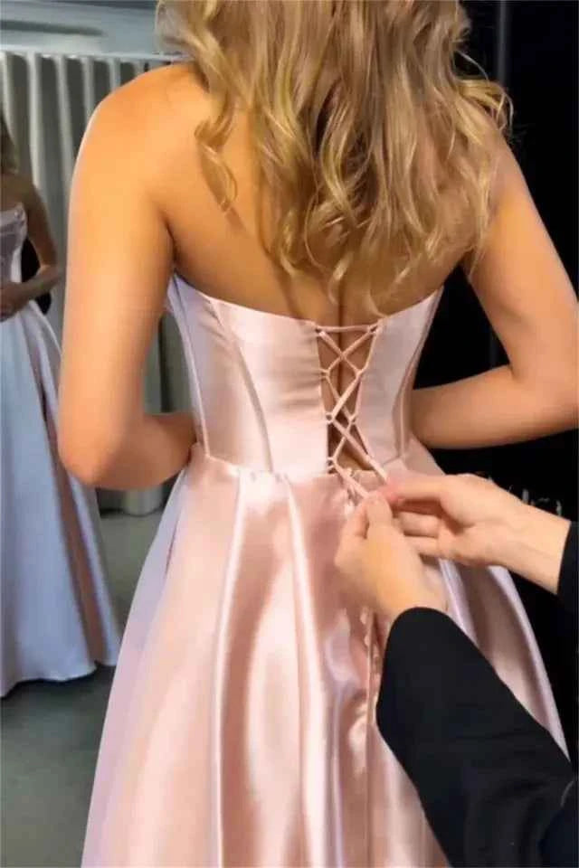 Customized Strapless Prom Dress Robe De Cocktail Femme Satin Elegant Gowns Evening Dresses A-line Women's Dresses With Pockets