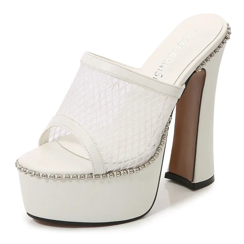 Women Mesh Lace Sandals  Summer Sexy High Heels Platform Slippers Ladies Fashion Bright Leather Comfort Open Toe Sandals