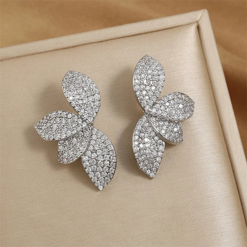 RAKOL Exquisite Full Zircon Leaf Stud Earrings for Women Korean Luxury Jewelry Elegant Flower Earring Bridal Wedding Party