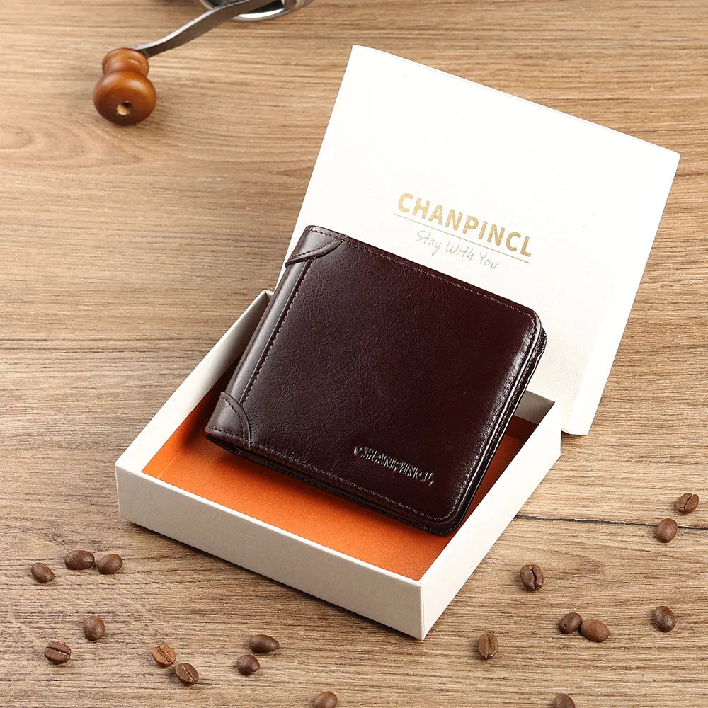 CHANPINCL Men's Italian Top-Grain Cow Leather Short Tri-Fold Wallet – RFID Blocking & Gift Box