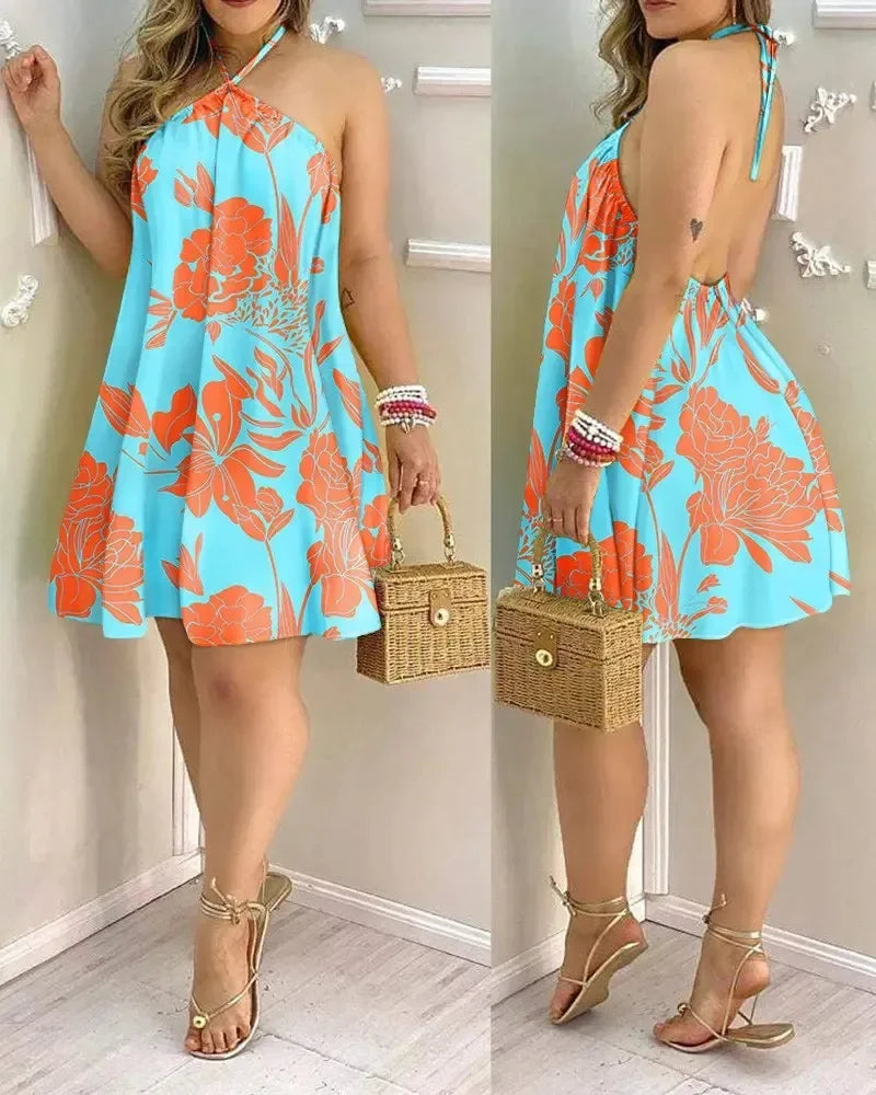 Vestidos Sem Mangas Sem Costas Curto Mini Vestido Solto Halter Neck Estampa Praia Vestido de Verão Floral Vestidos S-3XL