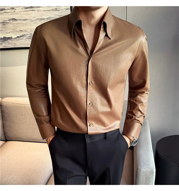 2026 Spring Fashion Big Collar Design Long Sleeved Shirt High Quality Men's Business Slim Fit Social Tuxedo Cotton Shirts
