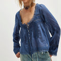 Blusa feminina Combhasaki Y2K Fairy, manga comprida, gola quadrada, patchwork de renda, amarração frontal transparente, blusa curta com botões
