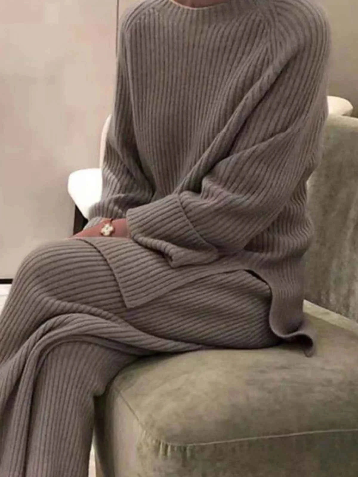 Casual Women's Knitted Sweater Two-Piece Set Cross-Border Fashion Spring Long Sleeve Pants Long Pants Suitable for 18-25 Year...