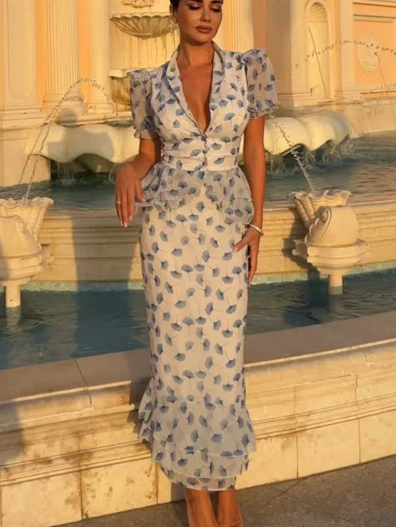 Floral Print 2 Piece Sets Women Outfit Summer Clothing Women Puff Sleeve V-Neck Blouse Top Mermaid Skirt Suit Fashion Dress Sets