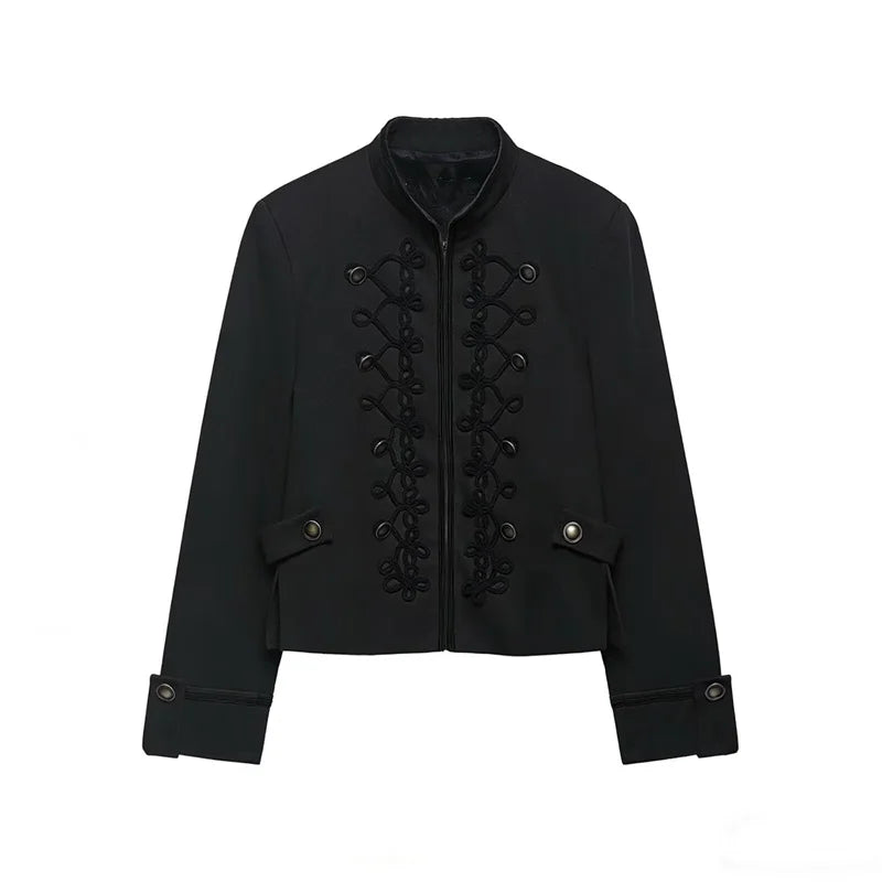 Women's Jacket 2026 Spring New Solid Color Long Sleeve Rope Knot Button Napoleon Style Slim Jacket Fashionable and Unique