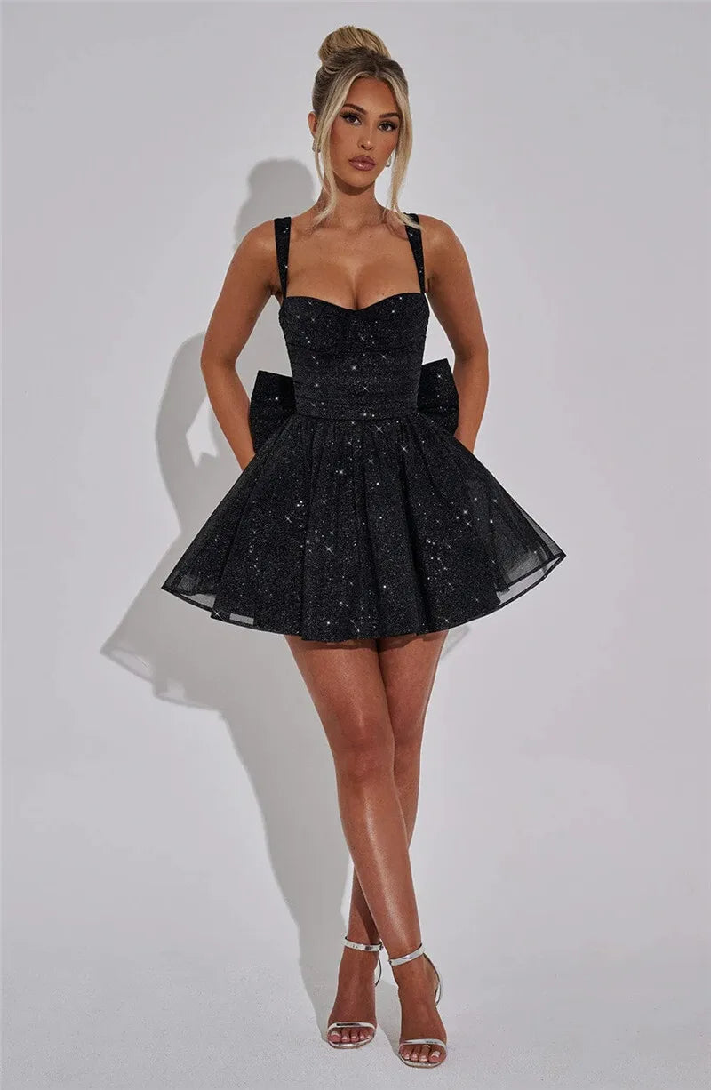 Mozision Bow Backless Sexy Mini Dress For Women Robe Spaghetti Strap Sleeveless Backless High Waist A-line Club Dress Vestido