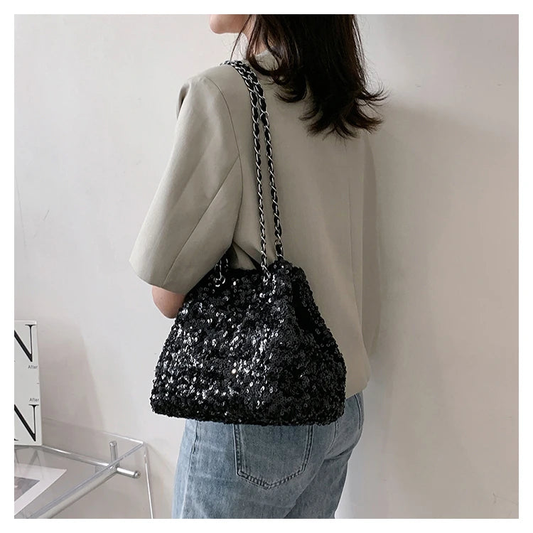 Sparkling Sequins Bucket Shoulder Bags Sense of Luxury Large Capacity Fresh Crossbody Bags for Women 2024 Fashion Versatile Hot