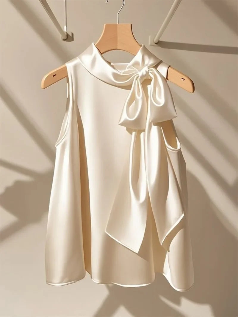 Blusas Mujer Hanging Neck Top Bow Sleeveless Shirts Elegant Blouse Roupas Femininas Spring Office Lady Chemise Femme Tops