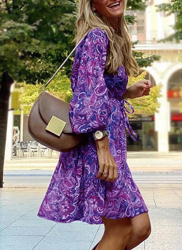 Vestido curto feminino estilo boêmio, com cordão na cintura, gola V, solto, elegante, casual, manga sete quartos