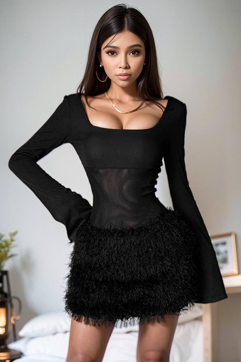 Weird Puss Sweet Cool Sexy Black Square Collar Slim Looking Waist-Tight Dress Fur Slimming Patchwork Slim Looking Bodycon Dress