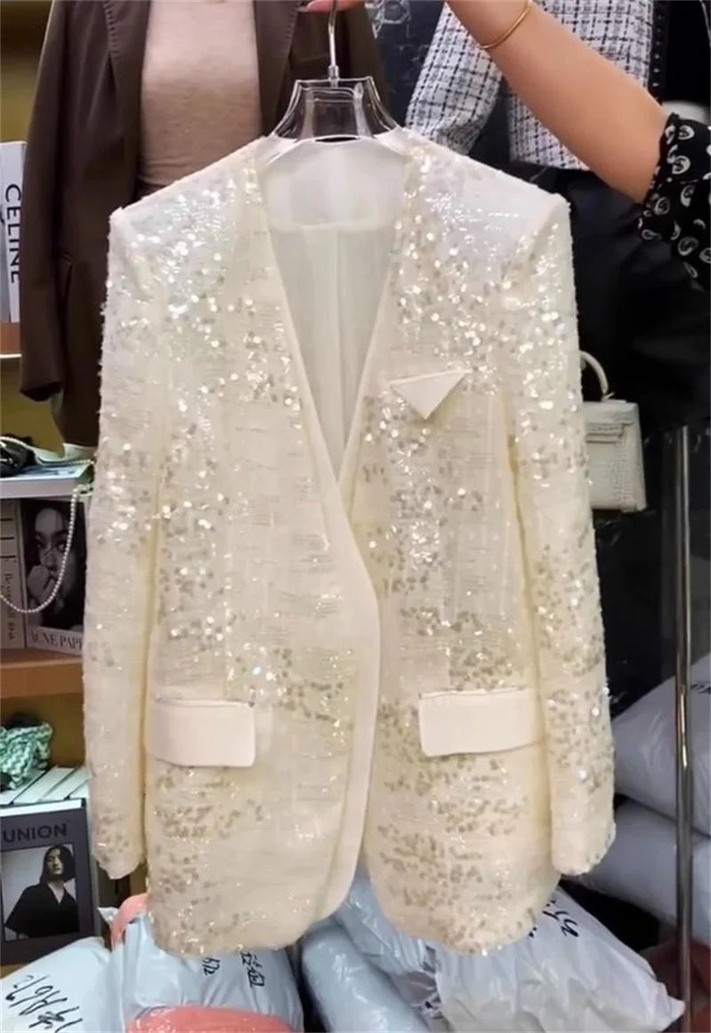 European Brand V-neck Temperament Socialite Sequin Jacket For Women, Mid To Long Style, Stylish Thin Style, Sparkling Top XQ145