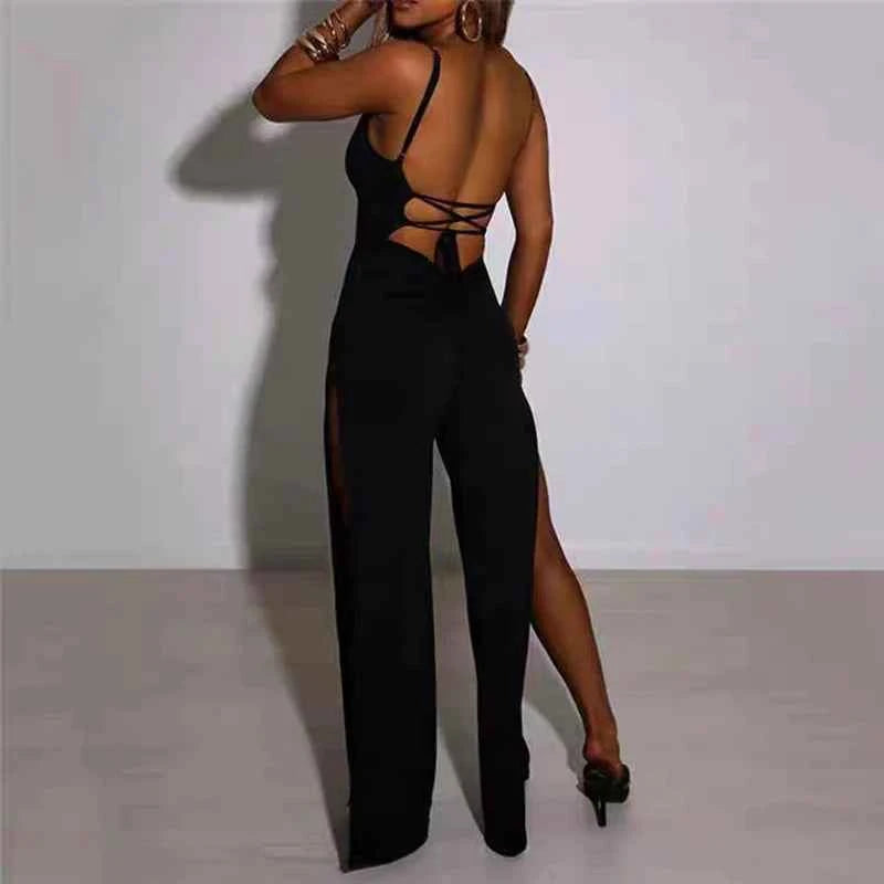 Summer New Fashion Y2K Solid Color Slit Long Pants Backless Strap Gothic Dark Style Women's Jumpsuit