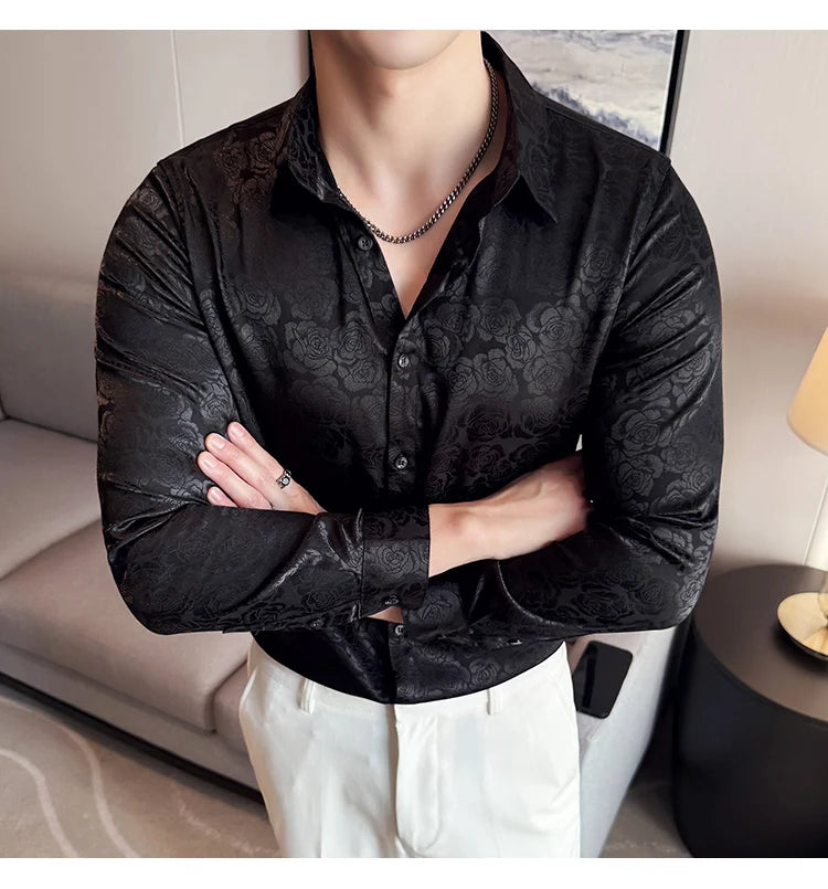 Men's Social Shirt New Rose Printed Long Sleeve Shirt Luxury Fashion Business Slim Fit Formal Shirt Men's Clothing 4XL-M