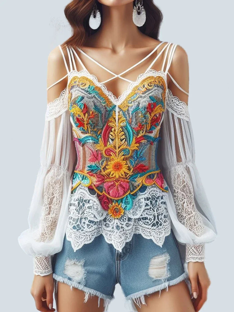 Floral Printed Women's Blouse V-Neck Long Sleeve Sexy Hollow out Lace Shirt Elegant Strapless Casual Top for Autumn