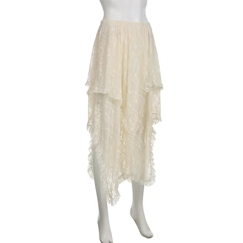Saia assimétrica de renda Fairycore feminina vintage Y2K Boho estética moda cintura alta saias médias femininas roupas de férias