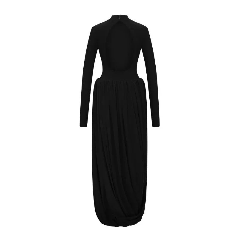 Tuularose Red Hollow Dress Women High Waist Sexy Backless Long Sleeve Gathered Dress Summer Patchwork Retro Party Evening Dress