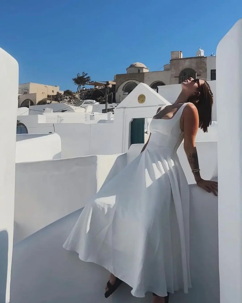 Vestido elegante branco de cintura alta feminino, moda verão, gola quadrada, sem mangas, linha A, 2025, nova vocação, festa na praia, moda urbana