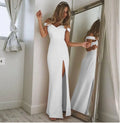 Women Split Bodycon Long Maxi Dress Party Wedding Prom Formal Elegant Solid White Off Shoulder Sleeveless Bandage Cheap Clothes - CRAVO ROSE