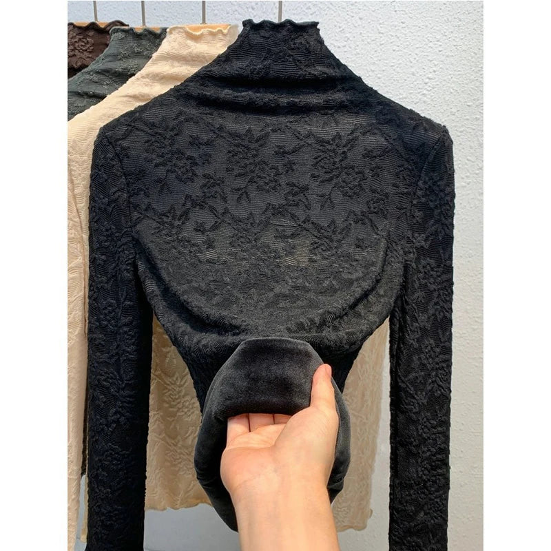 Women's Fleece Lined Lace Base Shirt Half High Collar Inner Wear Autumn Winter Warm plus Size Fat MM Top Commute Style Slim Fit