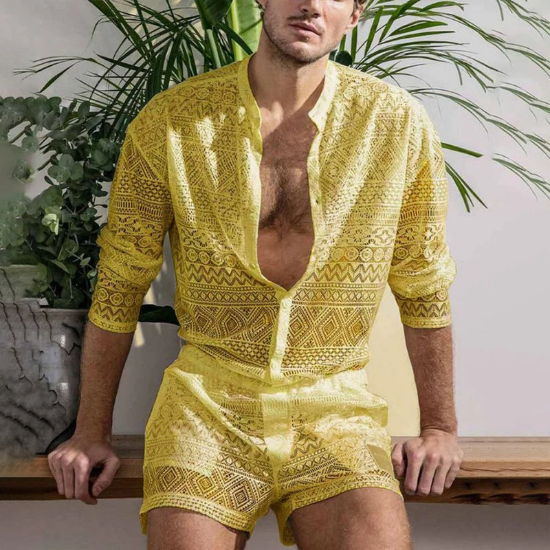 Conjunto de moda masculina vazado sexy renda shorts padrão estampa camisa duas peças ternos moda elegante