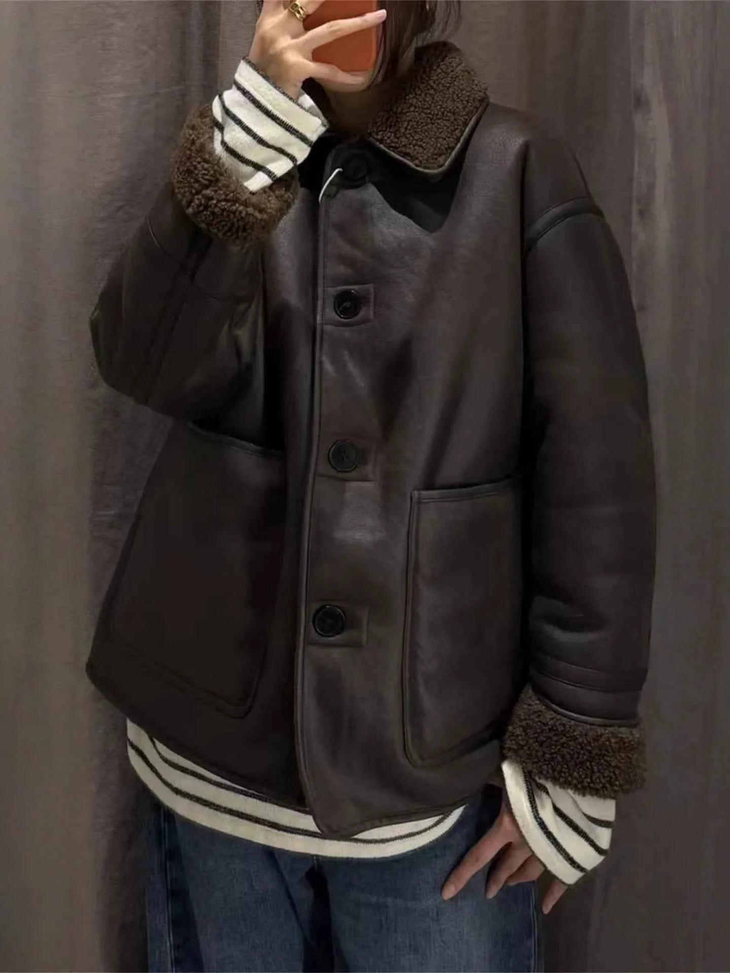 Double-Sided Wear Lamb Fur Jacket Women's Autumn Winter Loose Warm Outerwear Fake Leather Coat Standard Style Long Sleeve