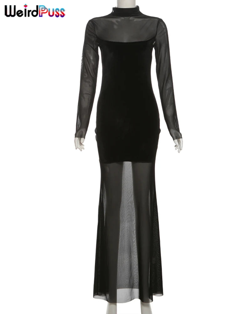 Weird Puss Patchwork Velvet Dress Women Turtleneck See Through Full Sleeve Skinny Trend Sexy Banquet Party Elegant Long Bodycon