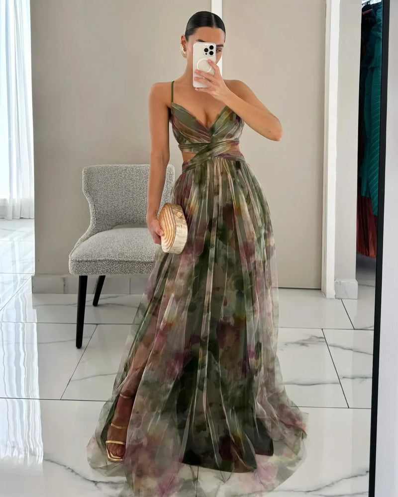 Spring and summer new mesh printed camisole dress INS holiday casual party dress skirt robe argent  dress for women