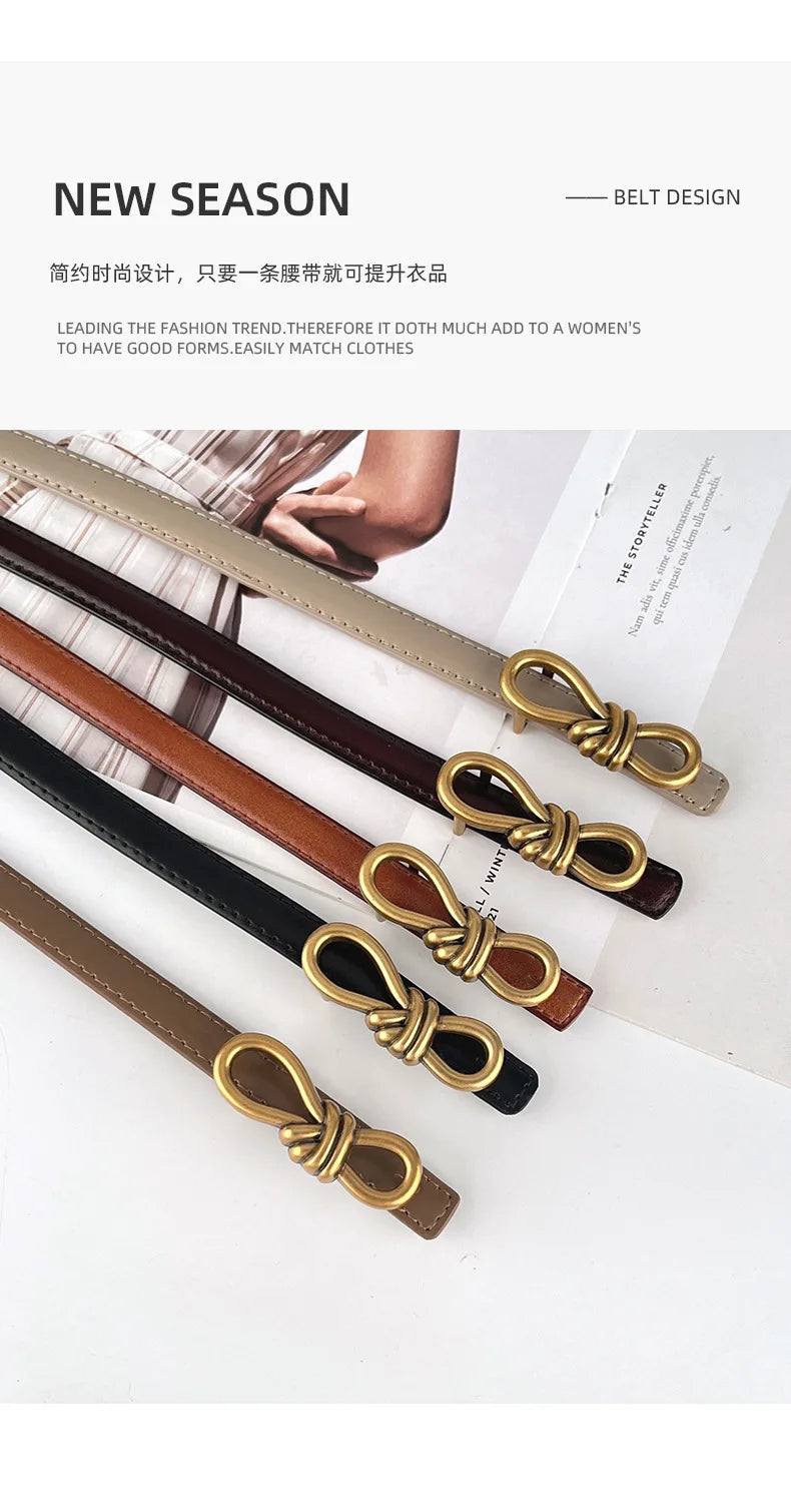 Korea Women Genuine Leather Knotted Thin Waist Belt Fashion Geometric Butterfly Gold Buckle Adjustable Corset Belt For Women