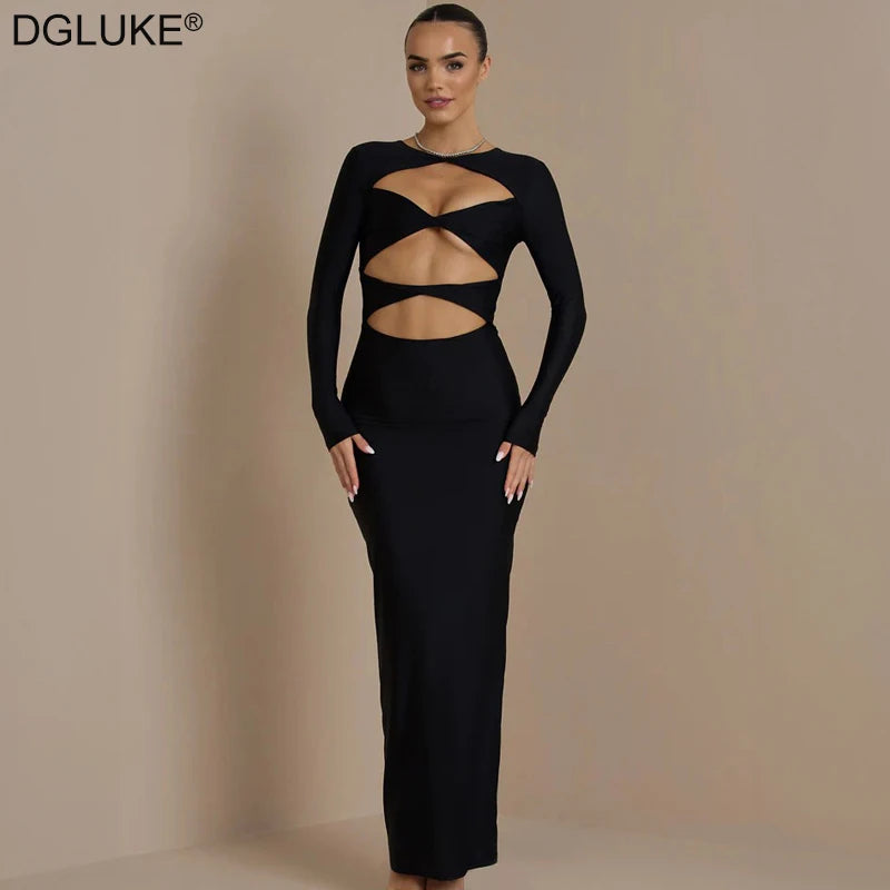 DGLUKE Sexy Cut Out Long Dresses For Women O-Neck Long Sleeve Bodycon Maxi Dress Elegant Going Out Party Dress Black
