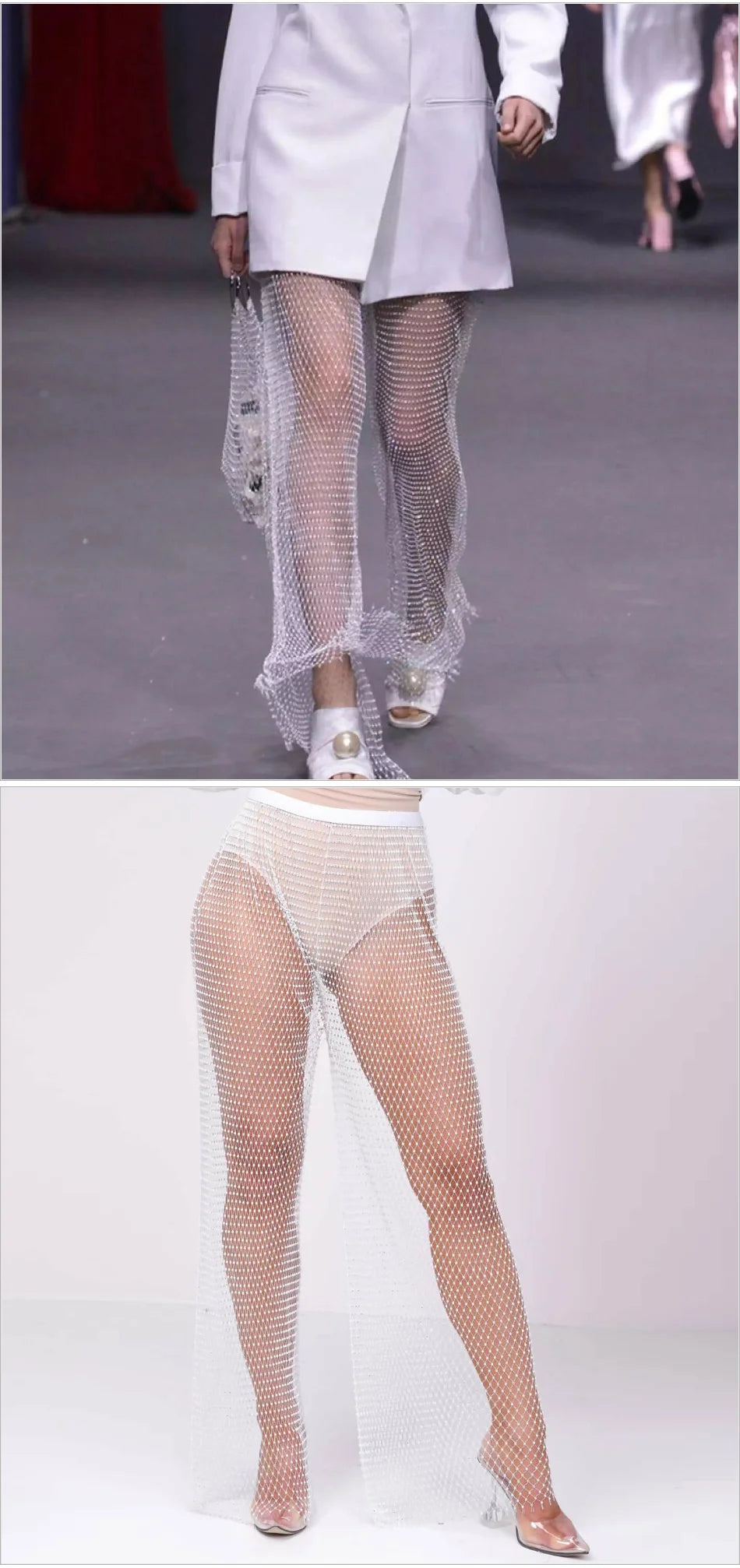 Sparkle Diamante Fishnet Wide Leg Trousers Crystal Mesh Flare Pants High Waisted Rhinestone Split Hem Leggings