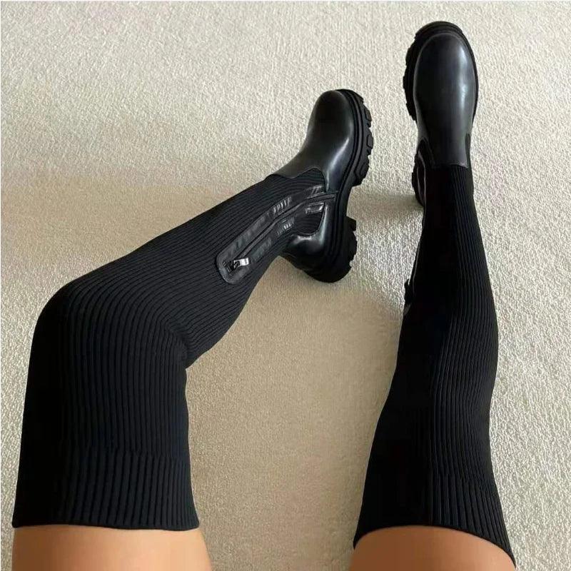 Women Thick Sole Boots 2023 Autumn Winter Breathable Knitting Sock Ladies Thigh High Boots Stretch Round Toe Shoes Plus Size 43 - CRAVO ROSE